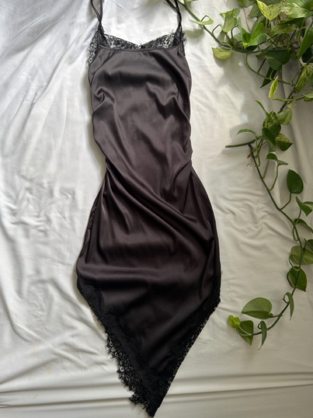 Satin Lace-Trim Chemise Slip - Black